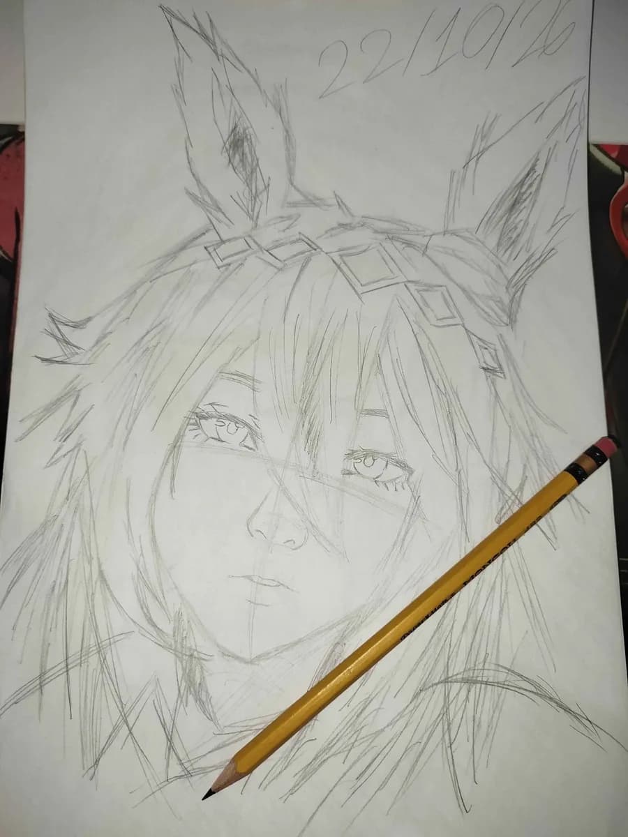 Fanart a lápiz de una Uma con orejas de caballo y diadema de rombos, fechado el 22/10/26