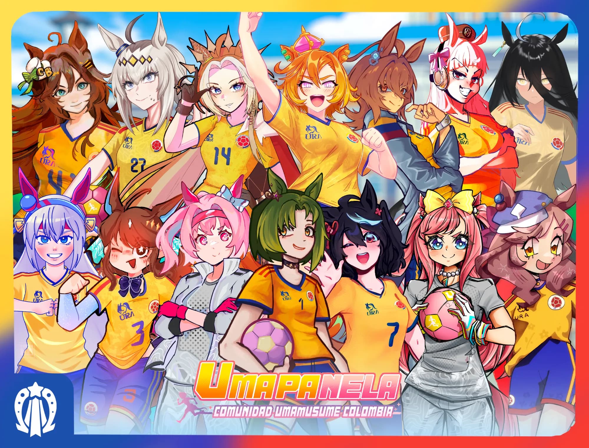 Ilustración de la comunidad Umapanela: personajes de Umamusume con la camiseta de la selección Colombia